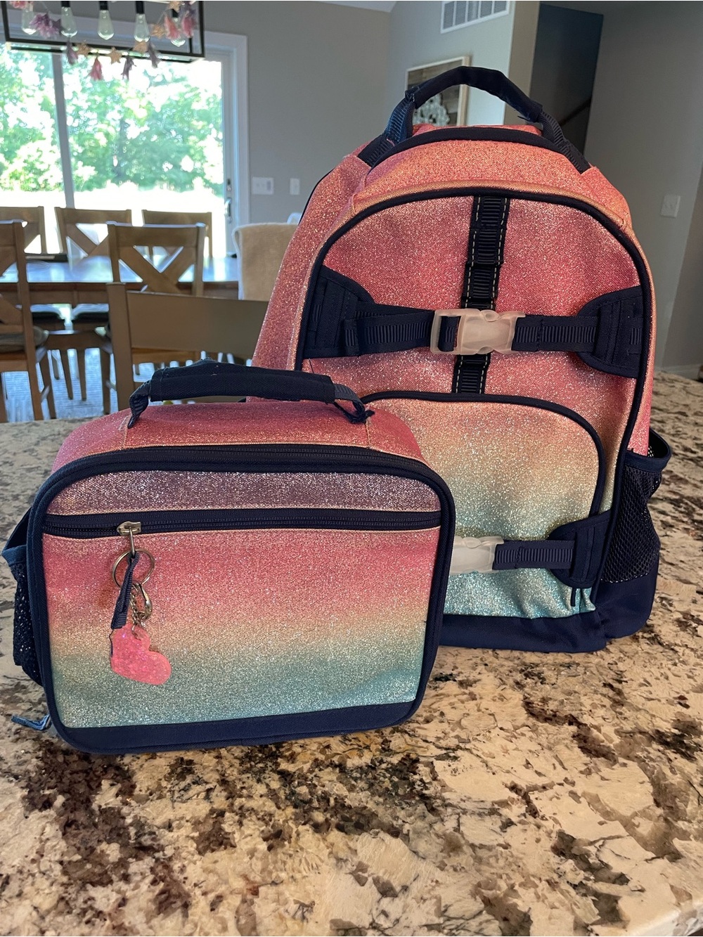 Pottery Barn VGUC Glitter Ombre Kids Backpack & Lunch Bag Set - Pink to Blue